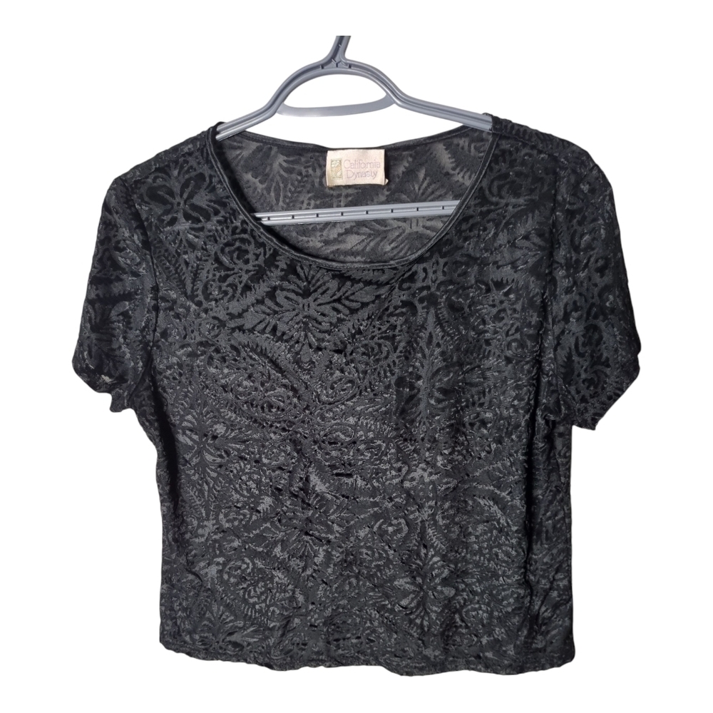 California Dynasty Vintage Black Velvet Burnout Top Cropped‎ Loungewear Size Med